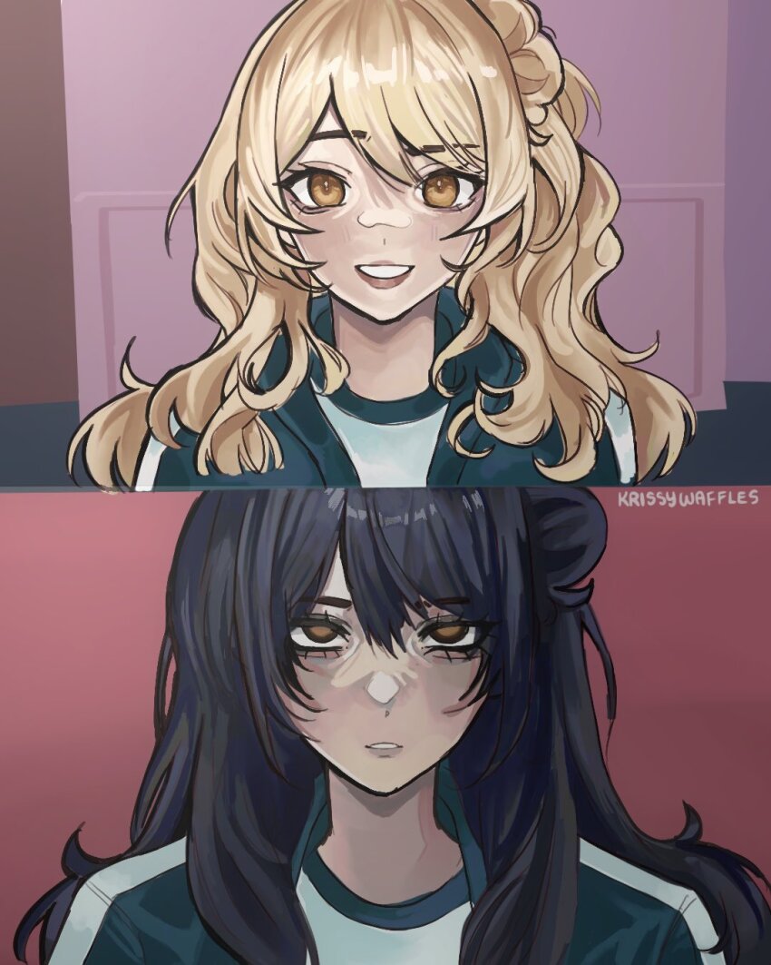 1girl, before_and_after, black_hair, blonde_hair, class_of_09, green_track_suit, grin, hair_bun