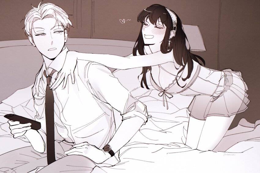 1boy, 1girl, babydoll, black_hair, blonde_hair, blush, breasts, couple, earrings, gold_earrings, hairband, hetero, highres, husband_and_wife, ideksams, jewelry, large_breasts, lingerie, long_hair, long_sleeves, monochrome, negligee, open_mouth, panties, photo-referenced, see-through_babydoll, see-through_clothes, shirt, short_hair, sidelocks, sleepwear, smile, spy_x_family, strap_slip, teeth, twilight_(spy_x_family), underwear, underwear_only, white_babydoll, yor_briar