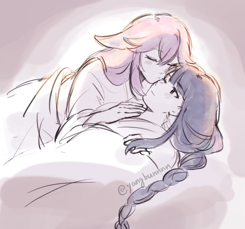 2girls, alternate_costume, animal_ears, artist_name, blunt_bangs, braid, closed_eyes, closed_mouth