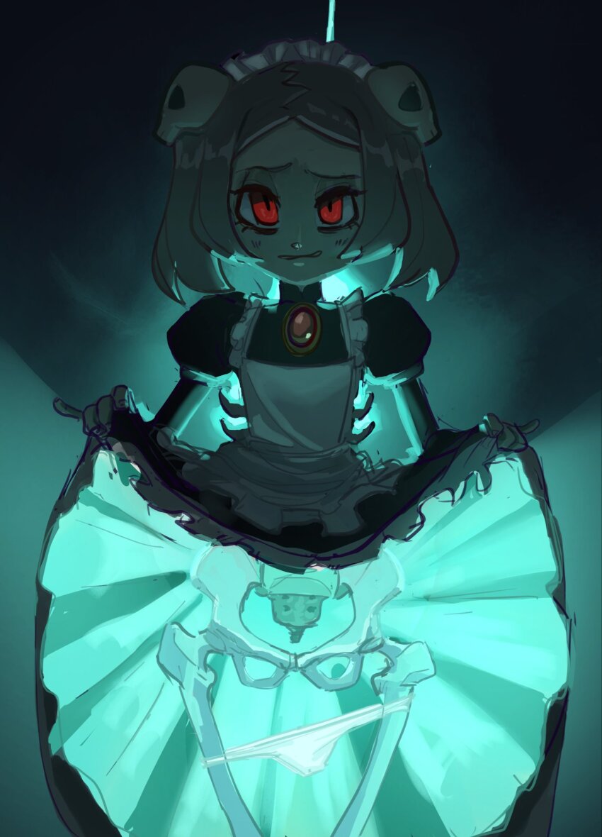 1girl, apron, black_dress, bloody_marie_(skullgirls), blue_fire, blue_light, bone, chest_jewel