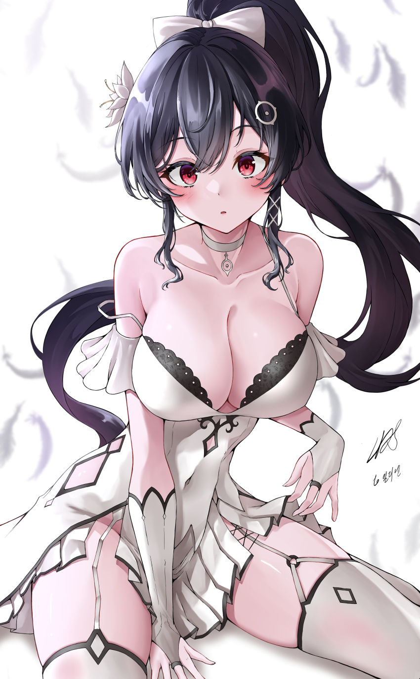 1girl, absurdres, bare_shoulders, between_legs, black_hair, bow, breasts, choker