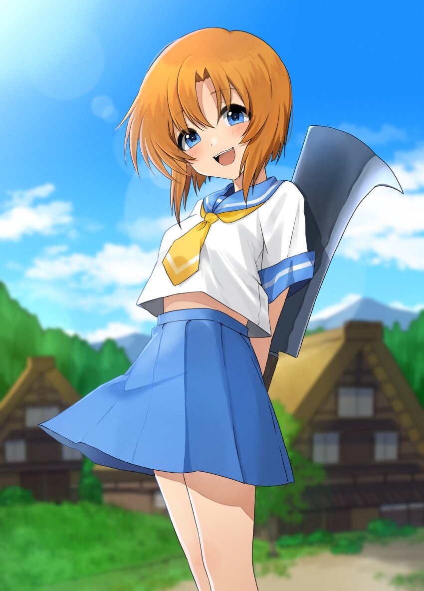 1girl, :d, arms_behind_back, blue_eyes, blue_skirt, blue_sky, blunt_ends, blurry
