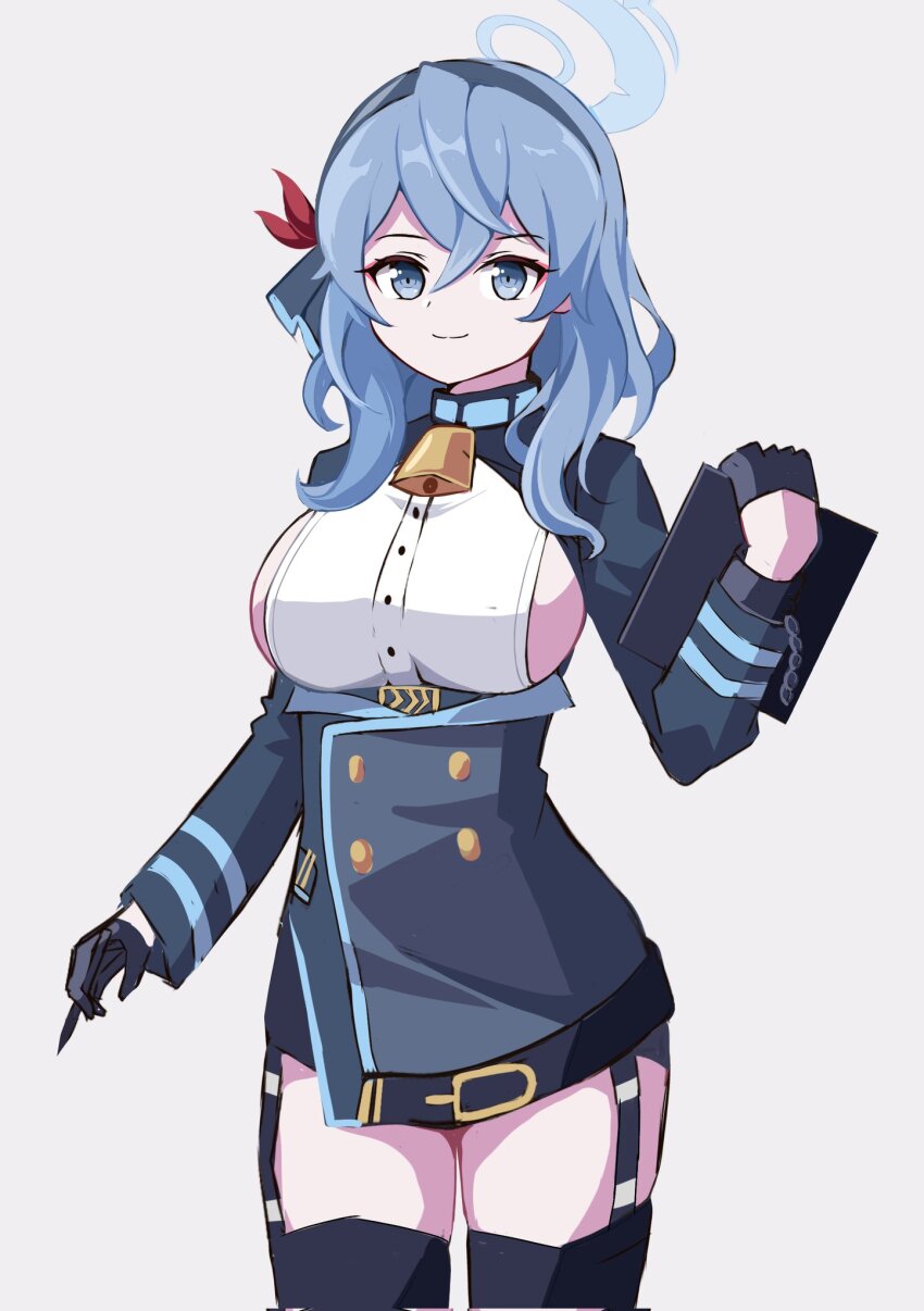 1girl, ako_(blue_archive), bell, black_gloves, black_skirt, black_thighhighs, blue_archive, blue_eyes, blue_hair, blue_halo, blue_jacket, breasts, buttons, closed_mouth, commentary, corrupted_twitter_file, cowbell, cowboy_shot, cuffs, double-breasted, elegants301, garter_straps, gloves, grey_hairband, hair_between_eyes, hair_over_shoulder, hair_ribbon, hairband, half_gloves, halo, hand_up, highres, holding, holding_stylus, holding_tablet_pc, jacket, large_breasts, long_sleeves, looking_at_viewer, medium_hair, neck_bell, red_ribbon, ribbon, shackles, shirt, sideboob, sideless_outfit, simple_background, skirt, solo, standing, stylus, tablet_pc, thighhighs, underbust, white_background, white_shirt