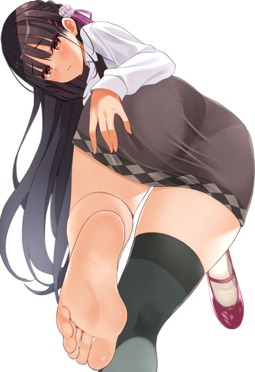 1girl, \||/, absurdly_long_hair, absurdres, barefoot, black_hair, blush, brown_eyes
