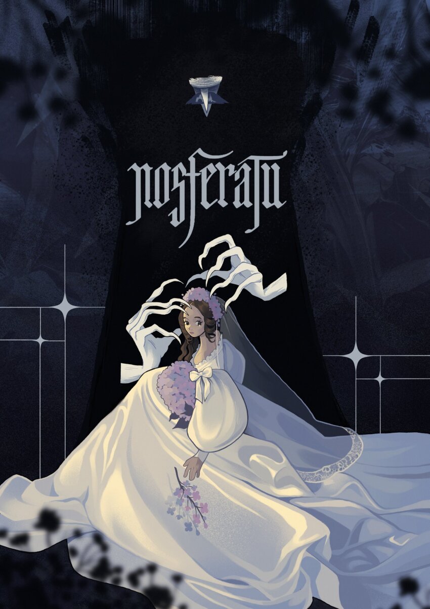 bouquet, bridal_veil, bride, brown_hair, closed_mouth, commentary, copyright_name, count_orlok