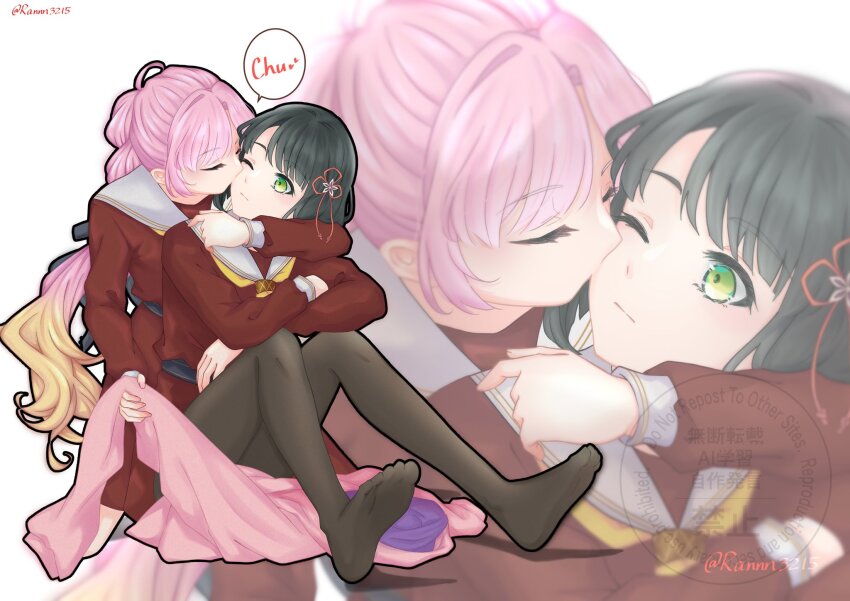 2girls, ;|, ahoge, anyoji_hime, black_hair, black_pantyhose, black_ribbon, blonde_hair