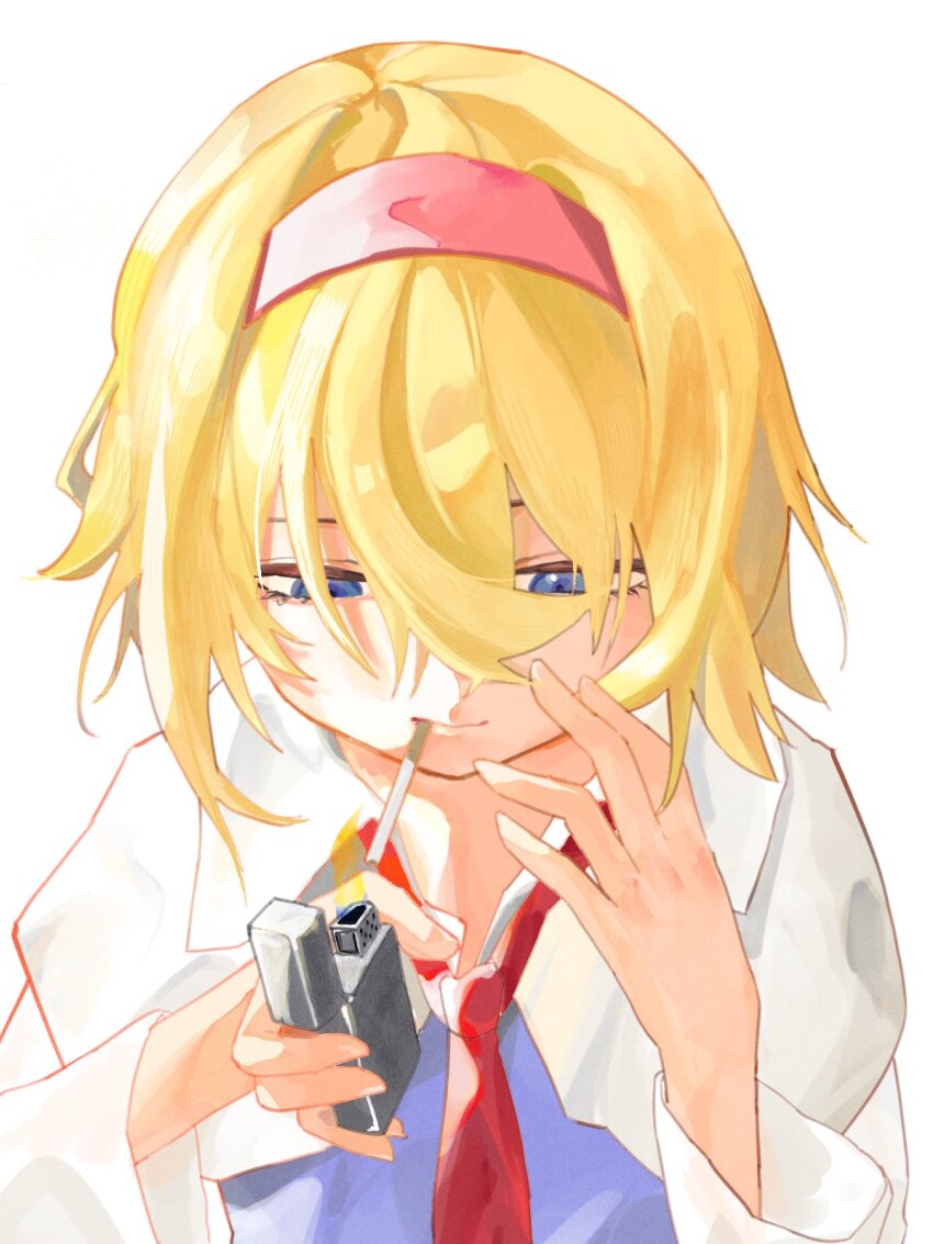 1girl, alice_margatroid, blonde_hair, blue_dress, blue_eyes, capelet, cigarette, closed_mouth