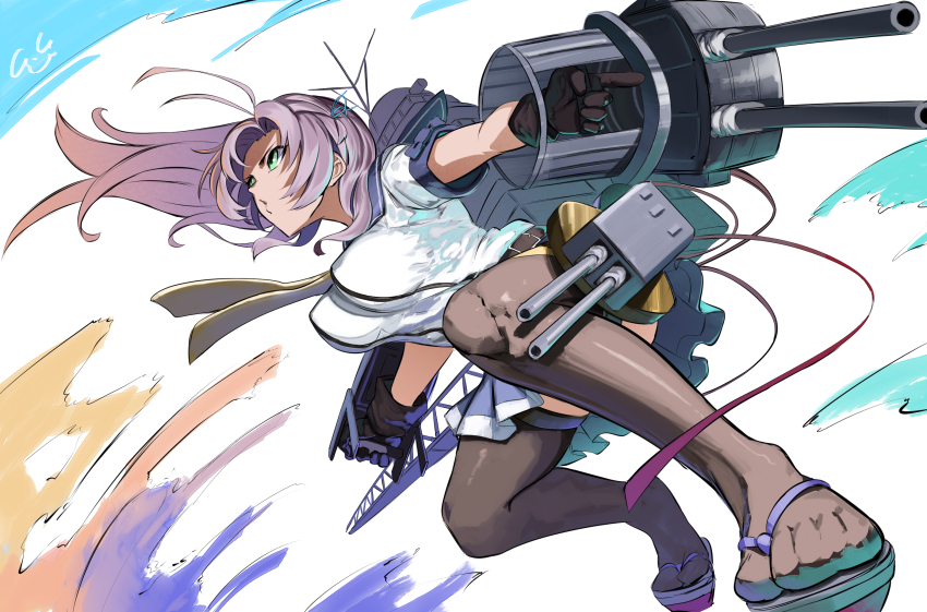 1girl, adapted_turret, ahoge, antenna_hair, black_thighhighs, blush, breasts, cannon