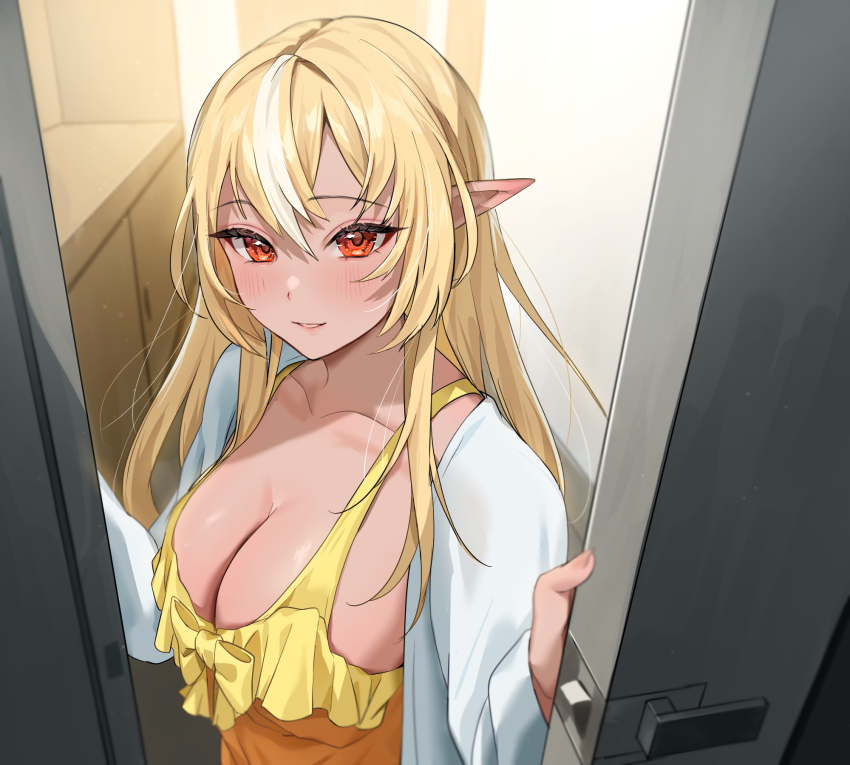 1girl, alternate_costume, blonde_hair, blush, breasts, camisole, cleavage, collarbone