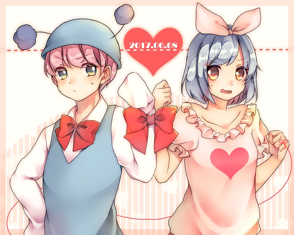 1boy, 1girl, blue_vest, bow, commentary_request, dated, grey_hair, hair_bow