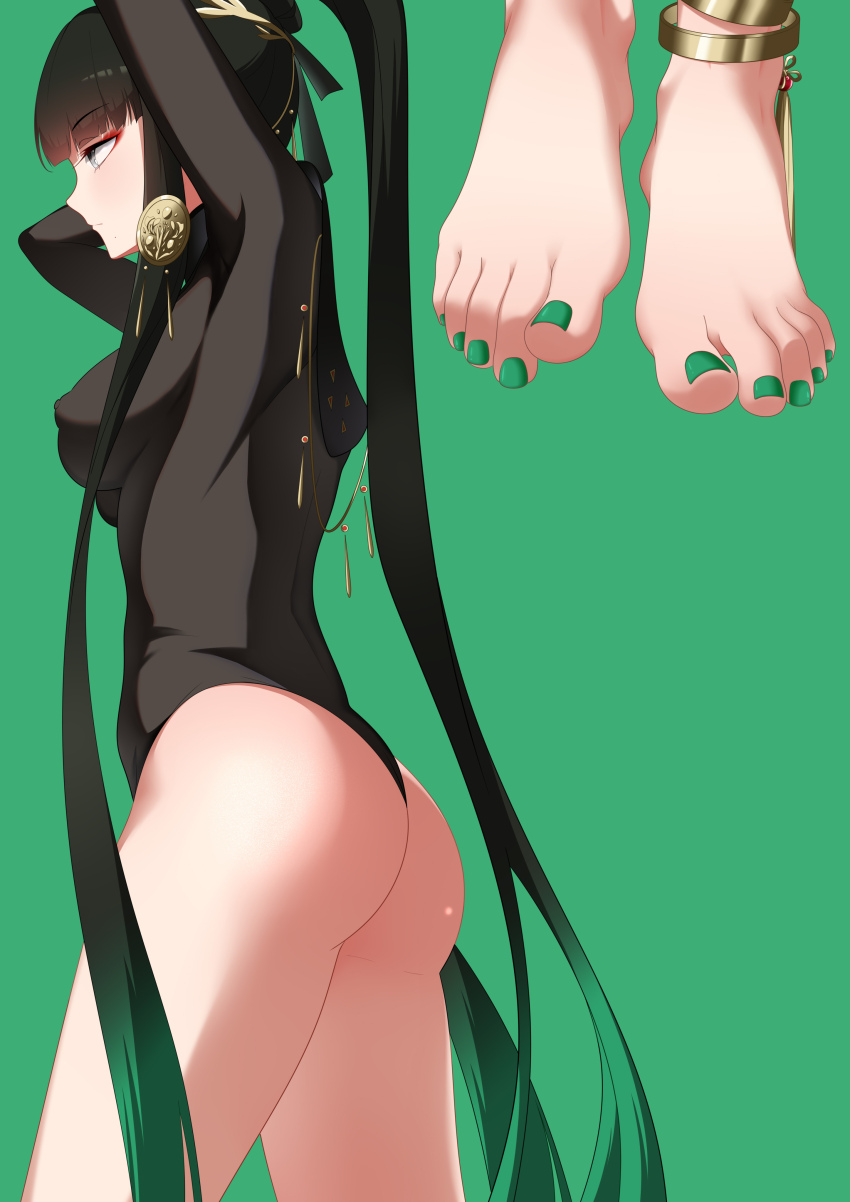 1girl, absurdres, ass, barefoot, black_hair, feet, grey_eyes, highres, long_hair, nail_polish, punishing:_gray_raven, qu, qu_(pgr), toenail_polish, toenails, toes