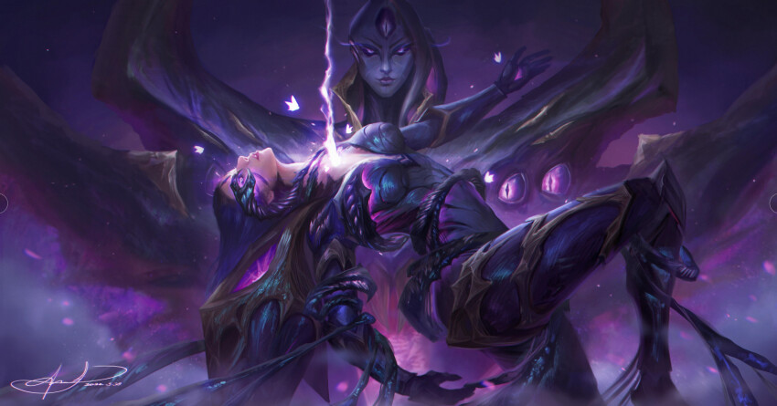 1girl, 2girls, andyalexxxx, arched_back, bel'veth, blurry, blurry_foreground, bodysuit