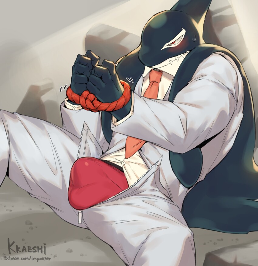 1boy, artist_name, bara, blush, boku_no_hero_academia, bound, bound_wrists, bulge, commentary, english_commentary, fangs, fins, formal_clothes, furry, furry_male, gang_orca, grey_pants, grey_suit, highres, kkaeshi, looking_at_viewer, male_focus, male_underwear, necktie, orca_boy, pants, patreon_username, red_eyes, red_male_underwear, red_necktie, suit, sweatdrop, unbuttoned, underwear, unzipped