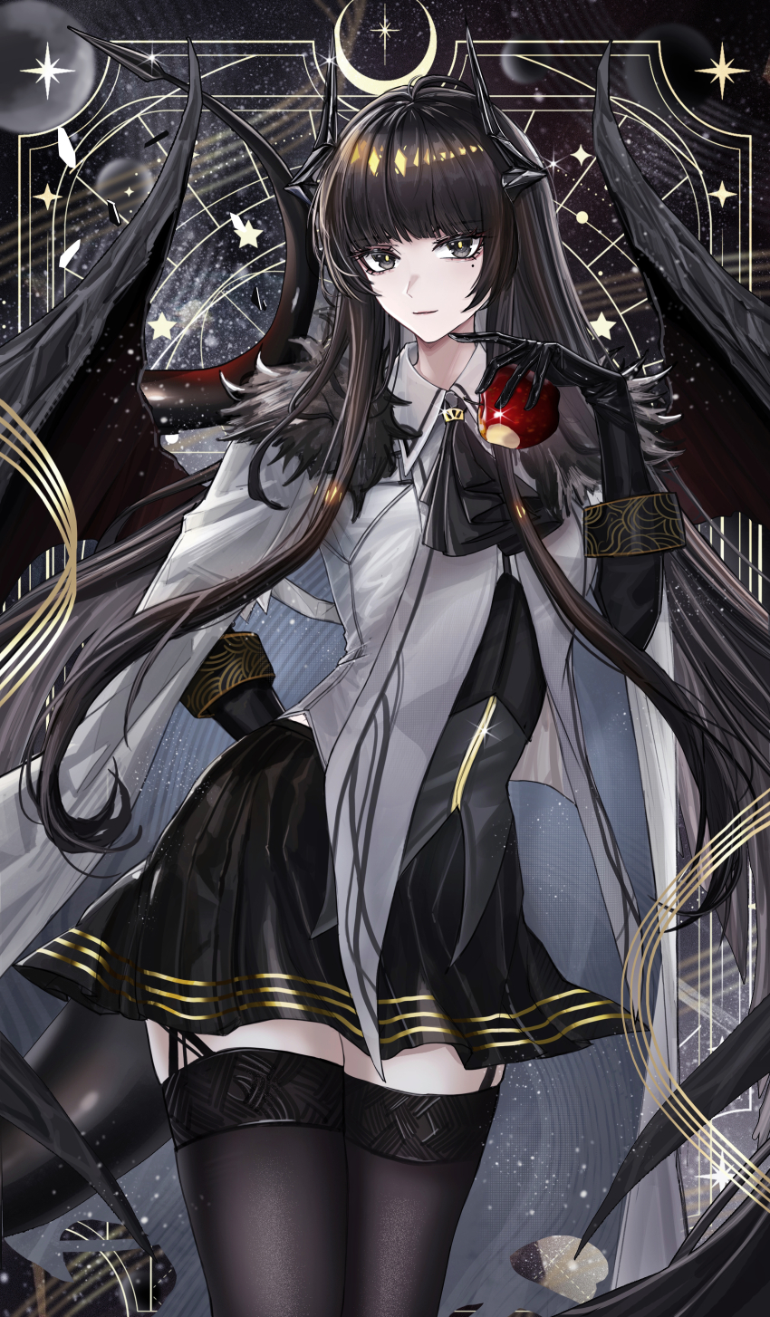 1girl, absurdres, arknights, arm_behind_back, ascot, black_ascot, black_dress, black_eyes