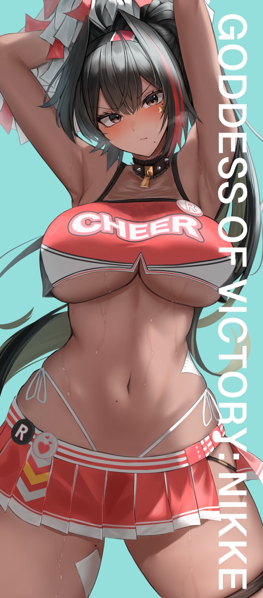 1girl, absurdres, arms_up, bay_(nikke), black_hair, blue_background, breasts, brown_eyes