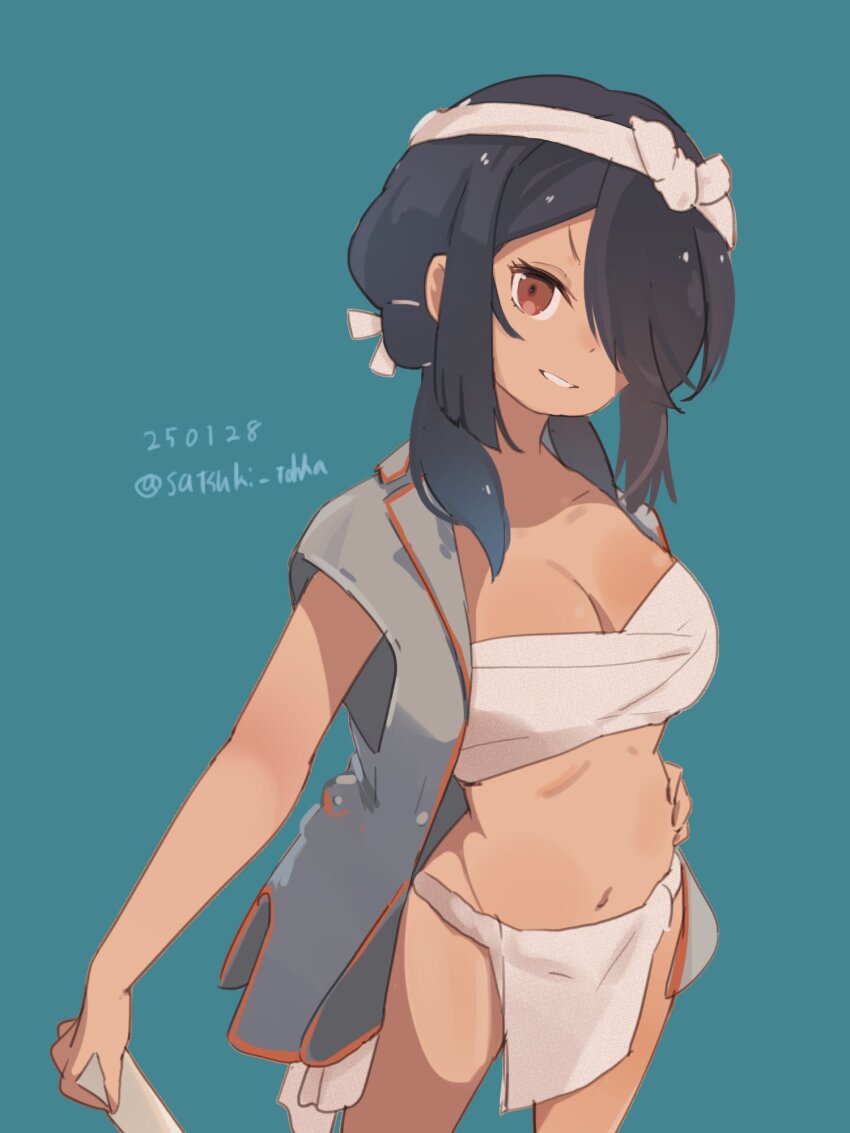 1girl, black_hair, breasts, chest_sarashi, dated, ecchuu_fundoshi, feet_out_of_frame, fundoshi