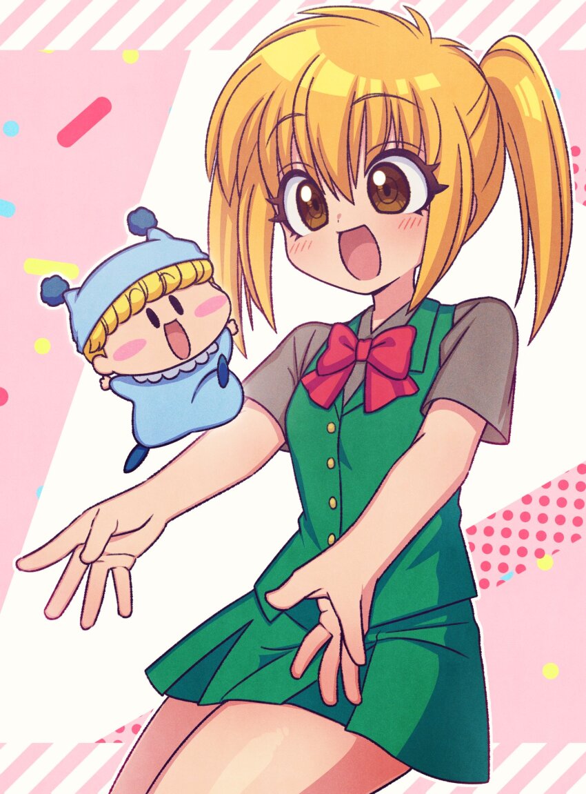 1girl, blonde_hair, blue_pajamas, blunt_bangs, blush_stickers, brown_eyes, commentary_request, green_skirt, green_vest, hat, highres, itopad, minami_kaede, mini_person, miniboy, mirumo, mirumo_de_pon!, open_mouth, pajamas, school_uniform, sidelocks, skirt, smile, solid_oval_eyes, twintails, vest