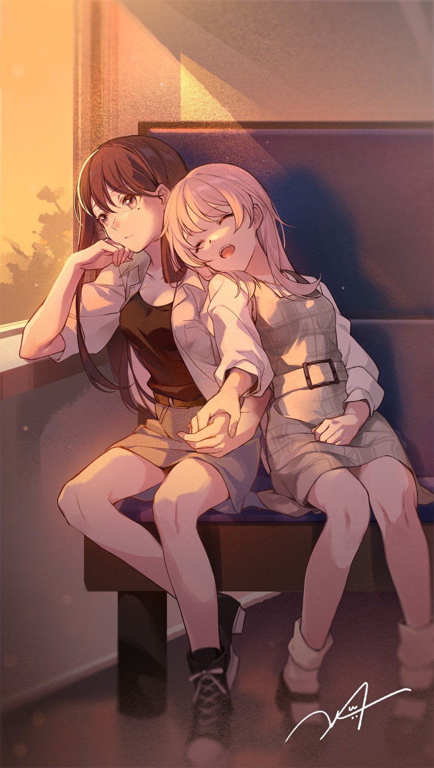 2girls, anhypnosis, bang_dream!, bang_dream!_it's_mygo!!!!!, black_hair, black_shirt, chihaya_anon, chinese_commentary, closed_eyes, closed_mouth, commentary_request, commission, dress, evening, full_body, grey_dress, grey_skirt, head_on_another's_shoulder, highres, holding_hands, leaning_on_person, long_hair, looking_to_the_side, mole, mole_under_eye, multiple_girls, open_mouth, pinafore_dress, pink_hair, shiina_taki, shirt, shoes, signature, sitting, skirt, sleeping, sleeping_on_person, sleeping_upright, sleeveless, sleeveless_dress, sneakers, socks, train_interior, white_shirt, white_socks, window, yuri