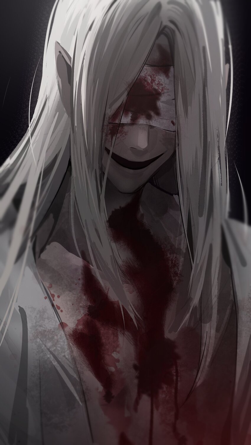 1boy, absurdres, bandages, bandages_over_eyes, black_background, blood, blood_on_chest, bloody_bandages