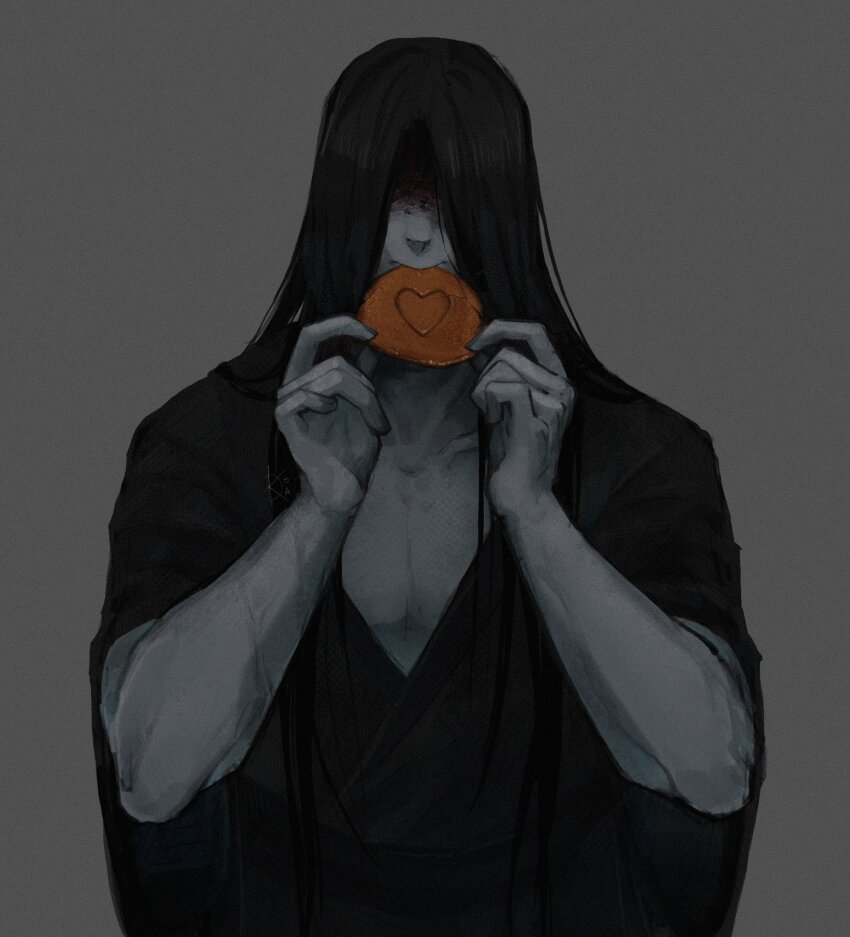 1boy, black_hair, black_kimono, blood, blood_on_face, commentary, dalgona, eating