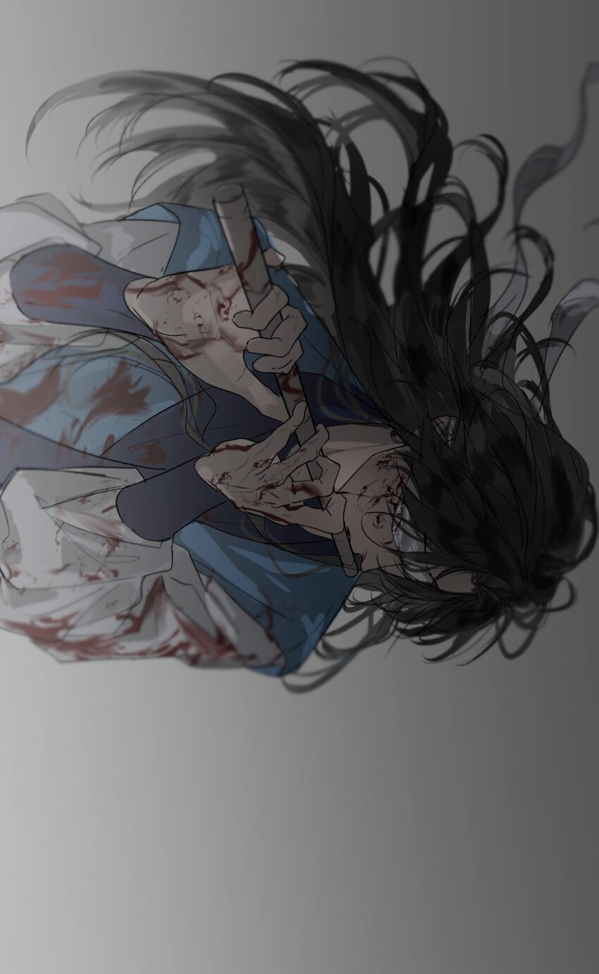 1boy, black_hair, blindfold, blood, blood_on_clothes, blood_on_face, blood_on_hands, blue_hanfu