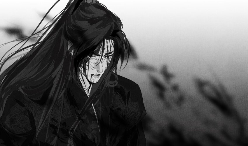 1boy, blood, blood_from_mouth, blood_on_clothes, blood_on_face, blurry, blurry_background, chinese_clothes