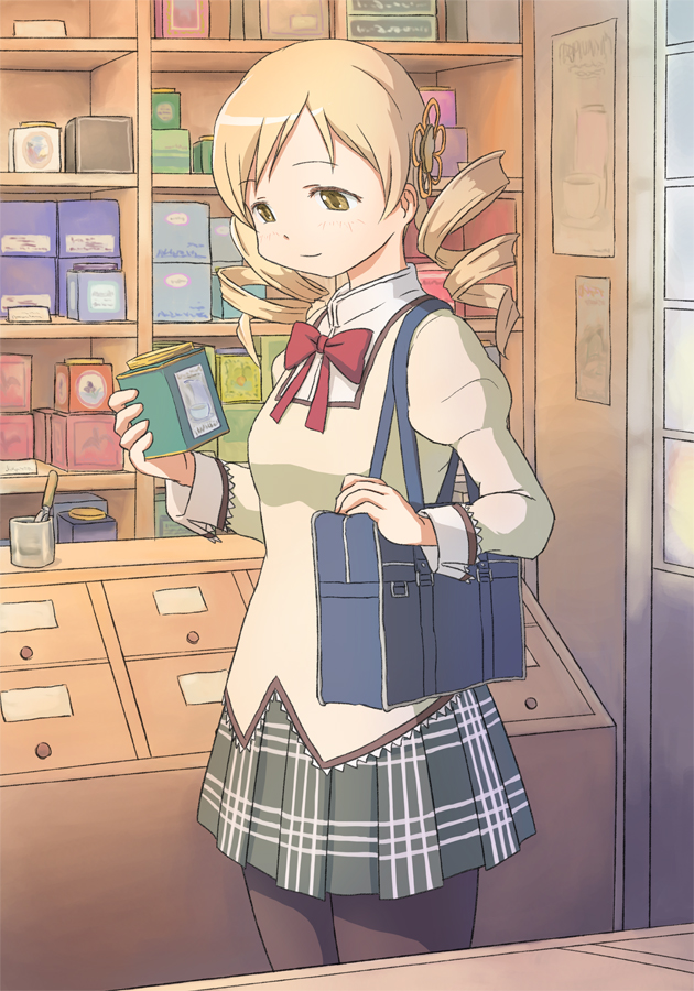 10s, 1girl, bag, black_pantyhose, blonde_hair, drill_hair, female_focus, indoors