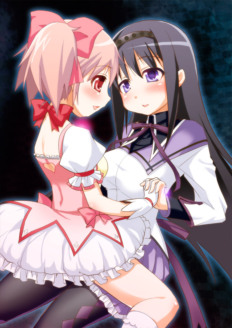 10s, 2girls, akemi_homura, akemi_homura_(magical_girl), black_hair, black_pantyhose, blush, bubble_skirt, girotin_ginza, gloves, hairband, holding_hands, kaname_madoka, kaname_madoka_(magical_girl), kouki_kuu, long_hair, magical_girl, mahou_shoujo_madoka_magica, mahou_shoujo_madoka_magica_(anime), multiple_girls, pantyhose, pink_eyes, pink_hair, purple_eyes, purple_skirt, ribbon, short_hair, skirt, smile, straddling, twintails, white_gloves, yuri