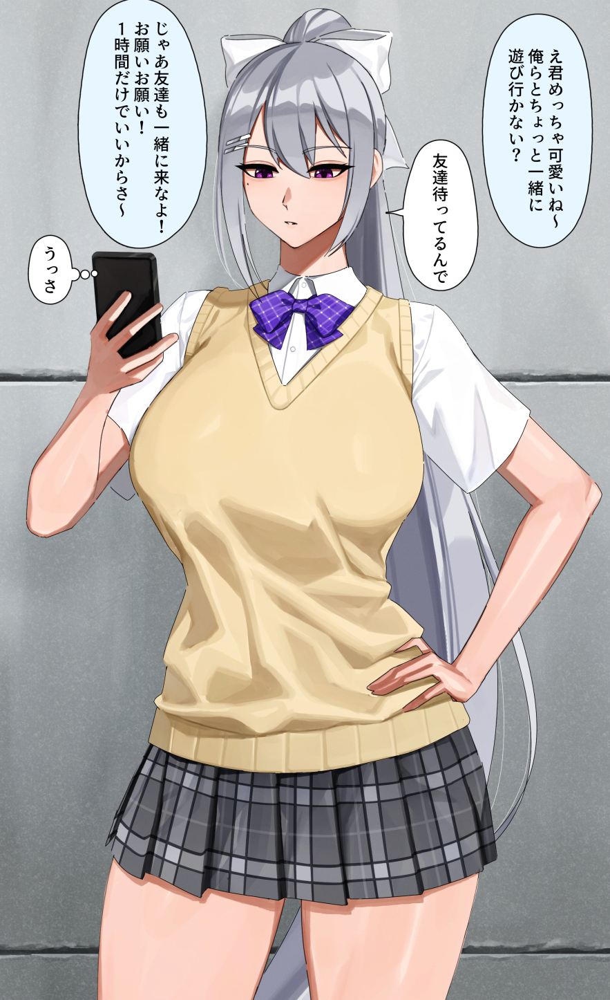 1girl, bow, bowtie, breasts, brown_eyes, cellphone, collared_shirt, commentary_request