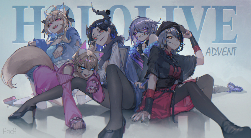 5girls, animal_ears, arupaoka, asymmetrical_horns, bandaid, bandaid_on_face, black_capelet, black_footwear