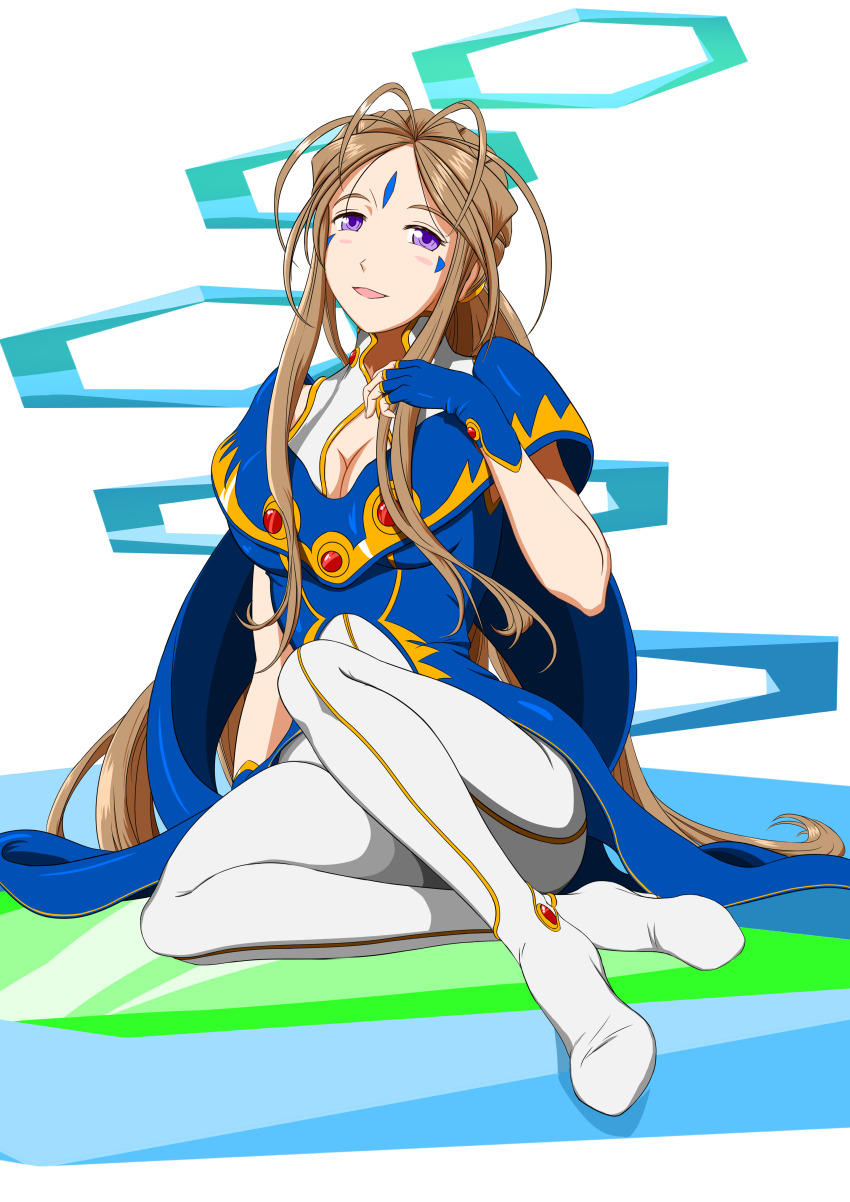 1girl, aa_megami-sama, absurdres, antenna_hair, belldandy, bodysuit, breasts, brown_hair, cleavage, cleavage_cutout, clothing_cutout, facial_mark, forehead_mark, gloves, highres, jewelry, large_breasts, long_hair, looking_at_viewer, purple_eyes, sccmembt, sitting, skin_tight, smile, solo, very_long_hair