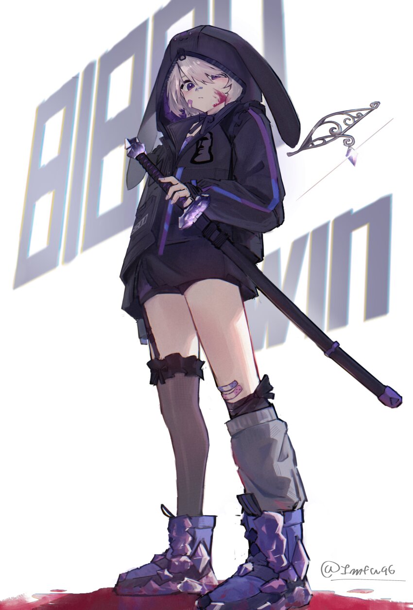 1girl, absurdres, animal_hood, bandaid, bandaid_on_face, bandaid_on_nose, black_jacket, blood, blood_on_face, grey_hair, grey_leg_warmers, grey_thighhighs, highres, hololive, hololive_english, hood, imfa46, jacket, koseki_bijou, koseki_bijou_(casual), leg_warmers, metal_wings, purple_eyes, purple_footwear, rabbit_hood, single_leg_warmer, single_thighhigh, solo, thighhighs, tomato_(sword), virtual_youtuber
