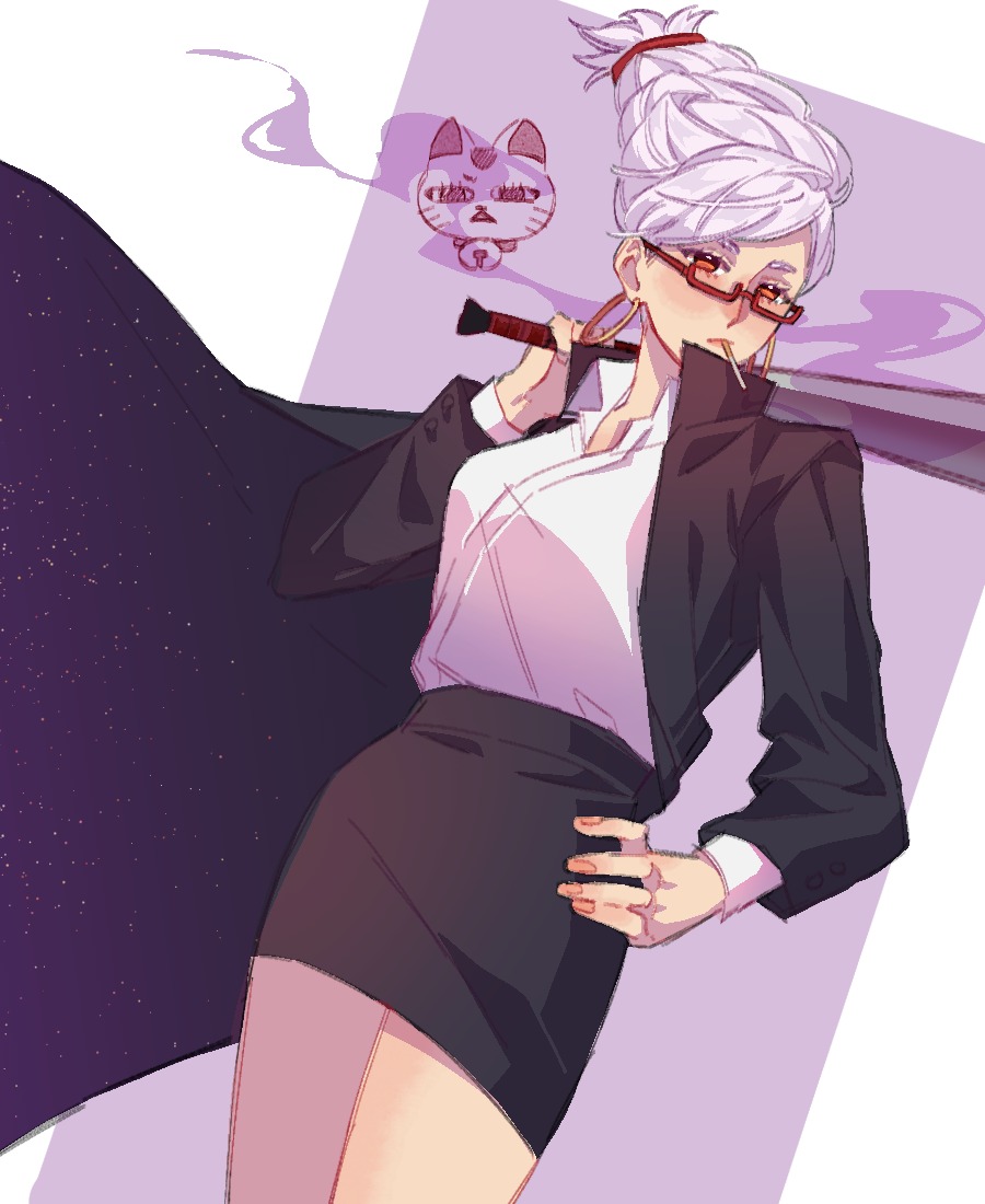 1girl, ayase_seiko, baseball_bat, black_coat, black_skirt, blush, brown_eyes, cat