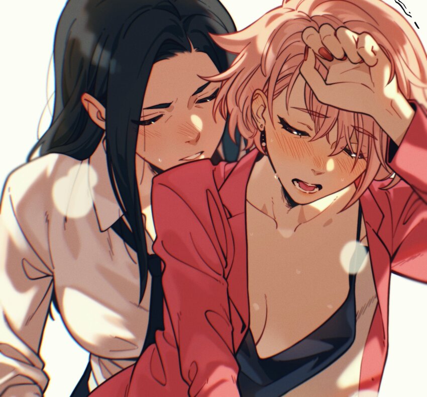 2girls, black_hair, blush, breasts, closed_eyes, collarbone, cropped, drifting_into_summer, ear_blush, highres, long_hair, multiple_girls, open_mouth, parted_lips, pink_hair, short_hair, simple_background, teeth, tikklil, white_background, yuri