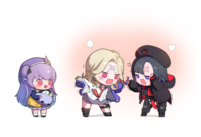 3girls, ahoge, asymmetrical_bangs, baby_animal, bag, beret, bird, black_hair, black_jacket, blonde_hair, blush, body_writing, bow, chibi, choker, drawing_on_another's_face, ein_(nikke), eunhwa_(nikke), forehead, forehead_writing, goddess_of_victory:_nikke, gyaru, hair_ornament, hairclip, hat, highres, holding, holding_marker, hood, jacket, long_hair, long_sleeves, marker, multicolored_hair, multiple_girls, necktie, necktie_in_pocket, open_mouth, paperclip, penguin, penguin_chick, pouch, purple_eyes, purple_hair, purple_hat, purple_jacket, red_eyes, red_necktie, rei_(nikke), school_bag, school_uniform, shirt, skirt, smile, standing, thigh_pouch, tic-tac-toe, uz_(uzru0428), white_shirt, yellow_bag