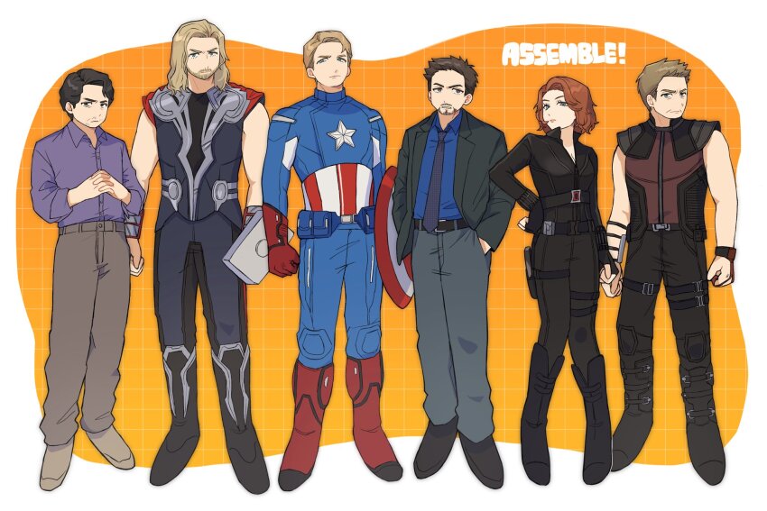 1girl, 5boys, armor, avengers_(series), bare_shoulders, beard, belt, black_armor