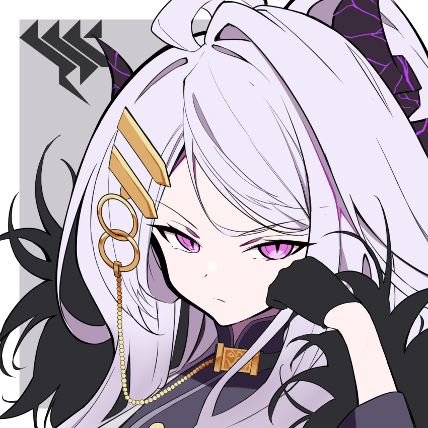 1girl, arm_support, black_gloves, blue_archive, coat, coat_on_shoulders, commentary_request, demon_girl, demon_horns, forehead, fur-trimmed_coat, fur_trim, gehenna_academy_logo, gloves, grey_background, greyscale, hair_ornament, hair_ribbon, hairclip, half_updo, halo, hina_(blue_archive), horns, long_hair, long_sleeves, looking_at_viewer, military_uniform, monochrome, overlord_m, parted_bangs, portrait, purple_eyes, ribbon, sidelocks, simple_background, solo, two-tone_background, wavy_hair
