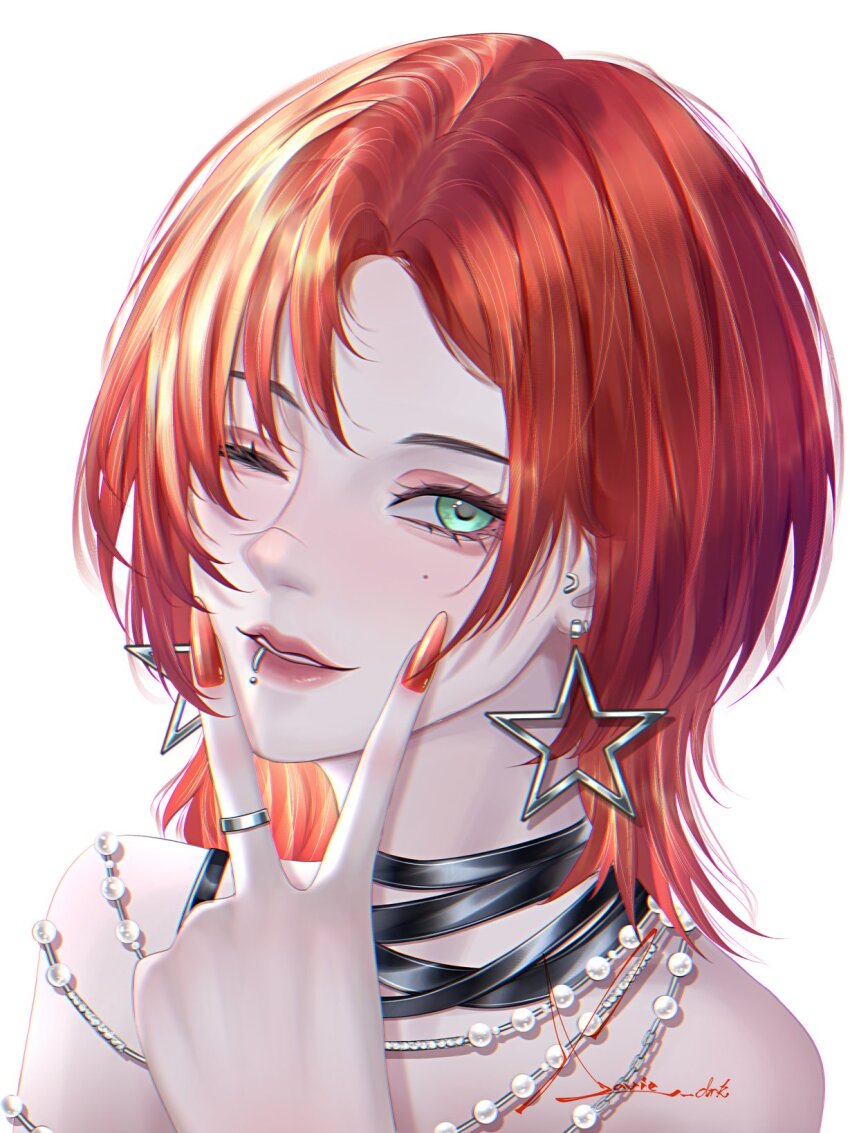 1girl, aegyo_sal, bare_shoulders, commentary, earrings, english_commentary, face_piercing, fingernails