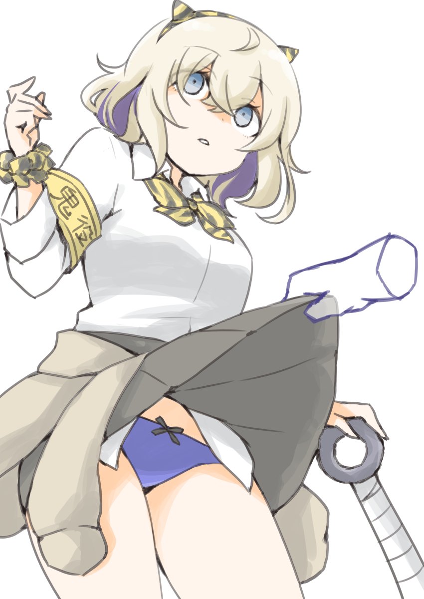 1girl, 1other, akara_kai, blonde_hair, blue_hair, blue_sweater, clothes_lift, club, club_(weapon), disembodied_hand, fake_horns, false_smile, full_body, gloire_(kancolle), gloire_kai_(kancolle), gloire_kai_(setsubun)_(kancolle), grey_eyes, grey_skirt, highres, holding, holding_club, holding_weapon, horns, kanabou, kantai_collection, lifting_another's_clothes, looking_at_viewer, multicolored_hair, panties, purple_panties, school_uniform, sexual_harassment, short_hair, simple_background, skirt, skirt_lift, smile, spiked_club, sweater, underwear, weapon, white_background