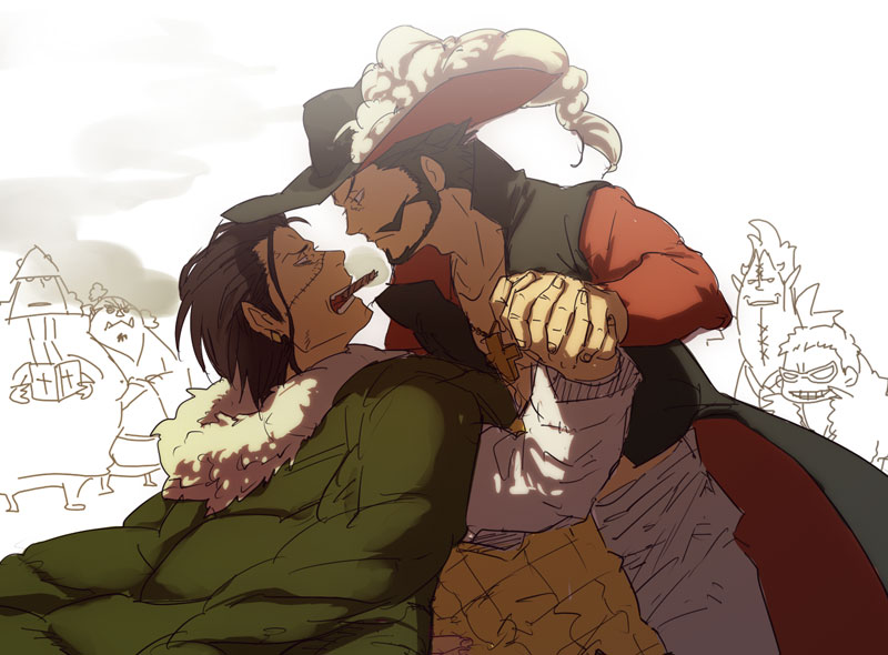 6+boys, bartholomew_kuma, cigar, crocodile_(one_piece), dancing, donquixote_doflamingo, dracule_mihawk, earrings