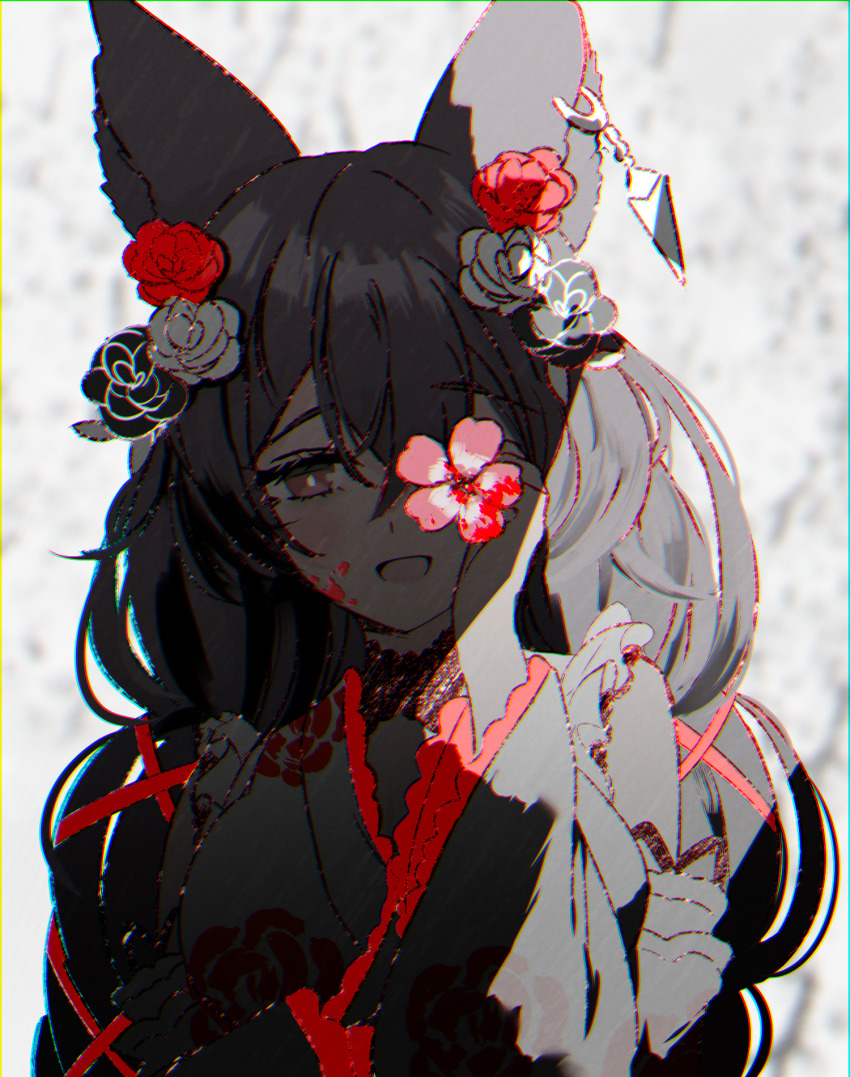 1girl, animal_ear_piercing, black_hair, blush, bright_pupils, detached_sleeves, erune, flower