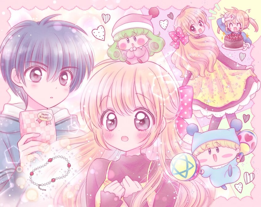 2boys, 2girls, black_hair, blonde_hair, blue_hat, blue_pajamas, blush, blush_stickers