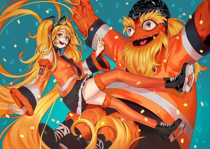 1girl, alternate_costume, alternate_hair_color, arm_up, bare_shoulders, black_necktie, black_skirt, commentary, confetti, crossover, detached_sleeves, english_commentary, eyelashes, fur-trimmed_sleeves, fur-trimmed_thighhighs, fur_trim, gritty_(flyers), hair_between_eyes, hatsune_miku, headset, helmet, highres, hockey_helmet, hockey_sweater, ice_hockey, ice_skates, mascot, nail_polish, national_hockey_league, necktie, open_mouth, orange_eyes, orange_fur, orange_nails, orange_shirt, oskar_vega, outstretched_arms, philadelphia_flyers, pleated_skirt, shirt, skates, skirt, teeth, thick_eyebrows, thighhighs, tongue, tongue_out, twintails, upper_teeth_only, v, vocaloid, wide_sleeves, wing_collar, zettai_ryouiki