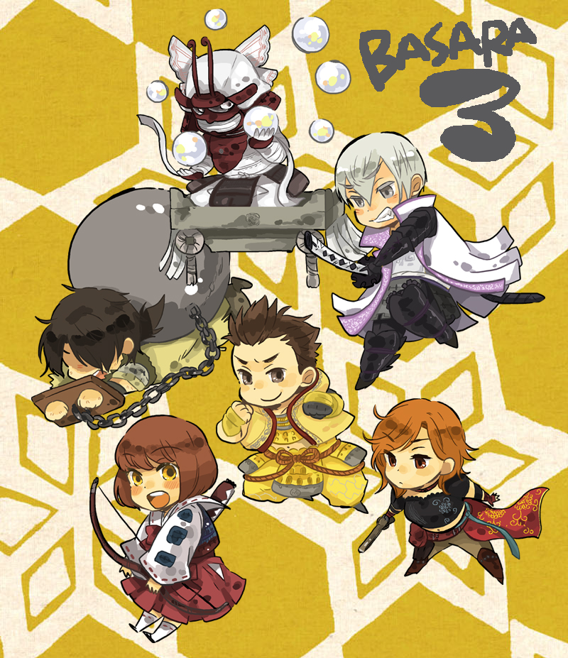 2girls, 4boys, :<, :d, armor, black_shirt, blush, bow_(weapon)