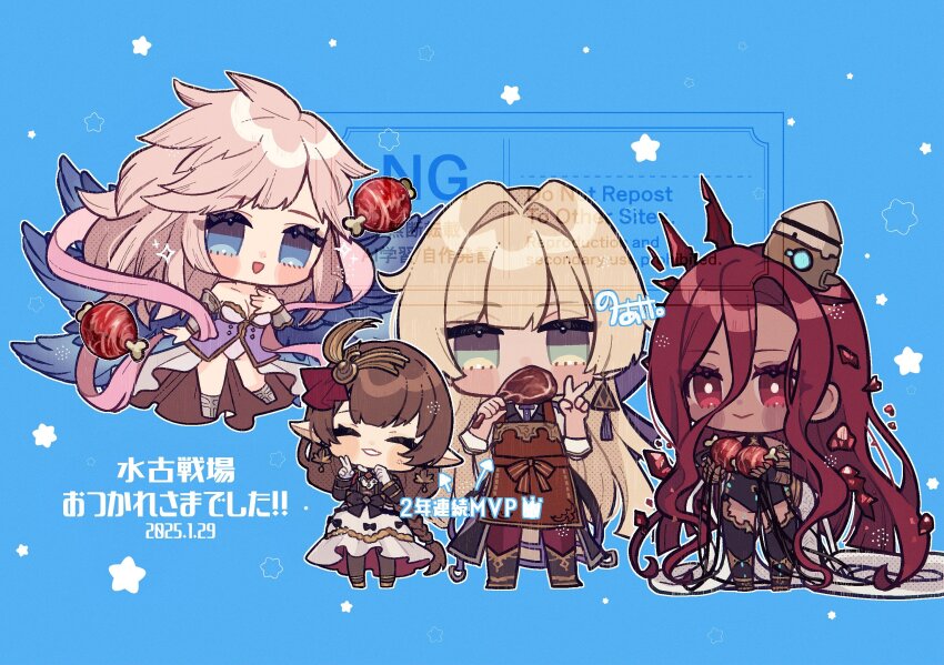 1boy, 3girls, apron, black_bow, black_footwear, black_jacket, black_leotard, black_thighhighs