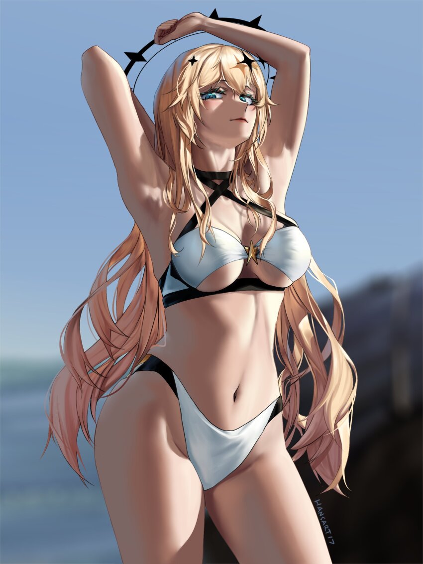 1girl, absurdres, adapted_costume, armpits, arms_up, bikini, blonde_hair, blue_eyes, blurry, blurry_background, breasts, breasts_apart, double_halo, halo, hansart17, highleg, highleg_bikini, highres, kaneko_lumi, kaneko_lumi_(3rd_costume), large_breasts, long_hair, looking_at_viewer, multicolored_bikini, navel, phase_connect, solo, sparkle_hair_ornament, swimsuit, two-tone_bikini, virtual_youtuber