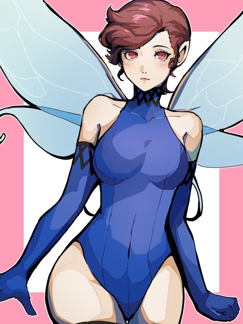 1girl, 4me3ba_niku, blue_leotard, blue_sleeves, border, breasts, brown_hair, closed_mouth, collarbone, covered_navel, demon_(megami_tensei), detached_sleeves, fairy, fairy_wings, highleg, highleg_leotard, highres, large_breasts, leotard, light_blush, light_smile, looking_at_viewer, outside_border, pink_border, pink_lips, pixie_(megami_tensei), pointy_ears, red_eyes, shin_megami_tensei, short_hair, simple_background, solo, thighs, white_background, wings