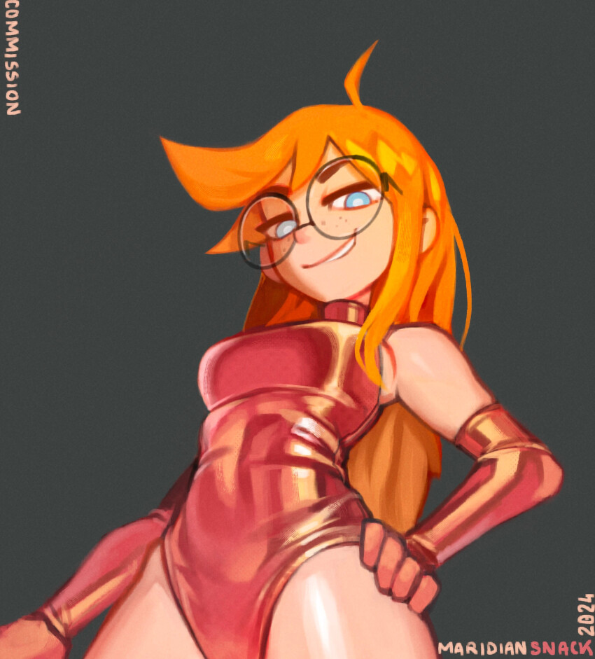 elbow_gloves, freckles, glasses, gloves, grin, highres, latex, latex_gloves