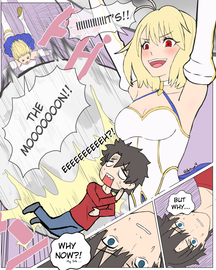 1boy, absurdres, ahoge, arcueid_brunestud, artrum4, blonde_hair, blue_eyes, blue_skirt