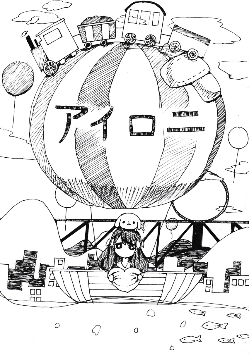 1girl, absurdres, aircraft, aliceeesan, bridge, doodle_fish, highres, hot_air_balloon